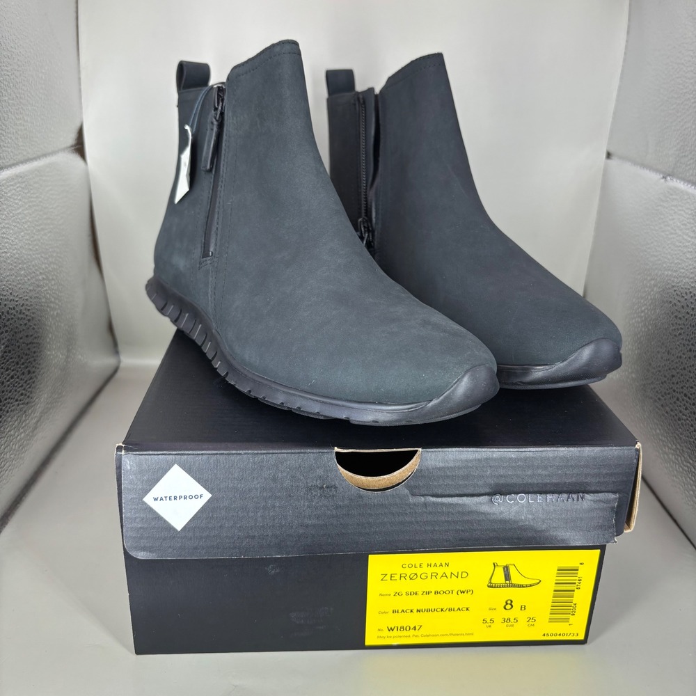 Cole Haan Zerogrand Waterproof Black Nubuck Side Zip Ankle Boots W18047 Womens 8